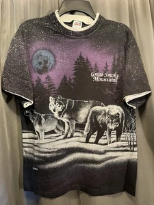 Vintage 1991 Great Smoky Mountains Wolves All Over Print Amboss Single Stitch L - Bild 1 von 10