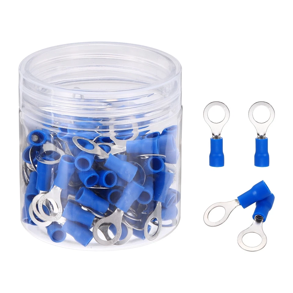 100Pcs Insulated Ring Terminal RV1.25-6 22-16AWG Battery Connectors, Blue Foto 1 de 4