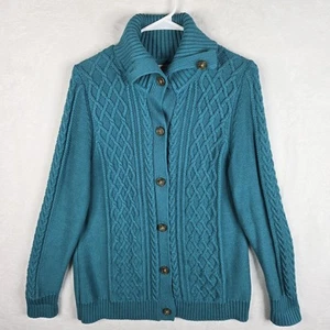 LL Bean Womens Cable Chunky Knit Aqua Button Up Cardigan Sweater Size Large - Picture 1 of 4