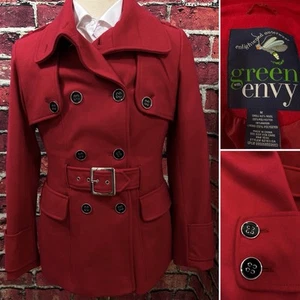 GREEN WITH ENVY WOMENS DOUBLE BREASTED RED PEA COAT SIZE MEDIUM BLACK BUTTONS - Picture 1 of 20