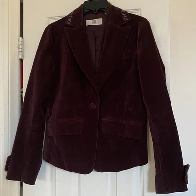 DKNY Vintage Y2K Burgundy Velvet Boho Lace Bead Jacket Blazer Tux -Size 8 Med - Image 1 of 4