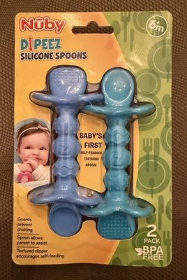 Cucharas/cucharón de silicona Nuby Dipeez 2 en 1, paquete de 2, azul/verde Foto 1 de 2