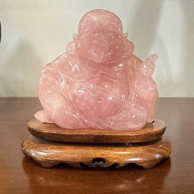 Figura de Buda sentado riendo cristal cuarzo rosa tallado chino vintage Foto 1 de 4