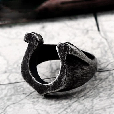 Anillo de Boda Retro Gris Herradura Acero Inoxidable Vintage Amuleto Lucky Punk Anillo Foto 1 de 2