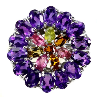 925 Anello Argento Sterling Ovale Ametista Tormalina Naturale Gemma Gioielli - Immagine 1 di 4