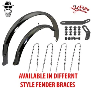 Vintage Lowrider 26" Flared Standard Ducktail Black Fenders W/Twisted Braces. - Picture 1 of 9