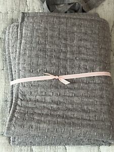 2- Pottery Barn Pick-stitch handcrafted cotton linen quilted Standard shams Grey