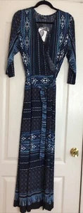 Attitudes by Renee blue print faux wrap 3/4 sleeve Stretch maxi dress W Belt L - Picture 1 of 5
