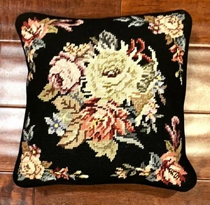 Small Decorative Black Wool Floral Needlepoint Throw Pillow Rose 12" x 12" - Picture 1 of 3