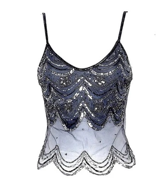 Camisola sin mangas Bebe Y2K con cuentas lentejuelas malla festoneada gris plata brillante vintage Foto 1 de 4