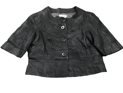 René Lezard 女式皮革夹克上衣,尺寸 40 US M,黑色纽扣 3/4 袖 — 第 1/4 张图片