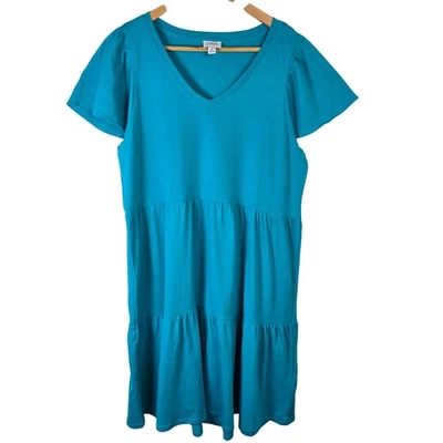 J Crew Womens Medium Teal Blue V Neck Tiered Flutter Sleeve Casual Dress - Image 1 of 4