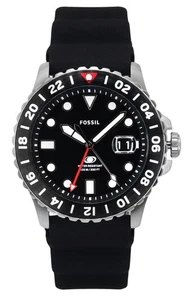 Fossil Blue GMT Silicone Strap Black Dial Quartz FS6036 100M Men's Watch - Picture 1 of 4