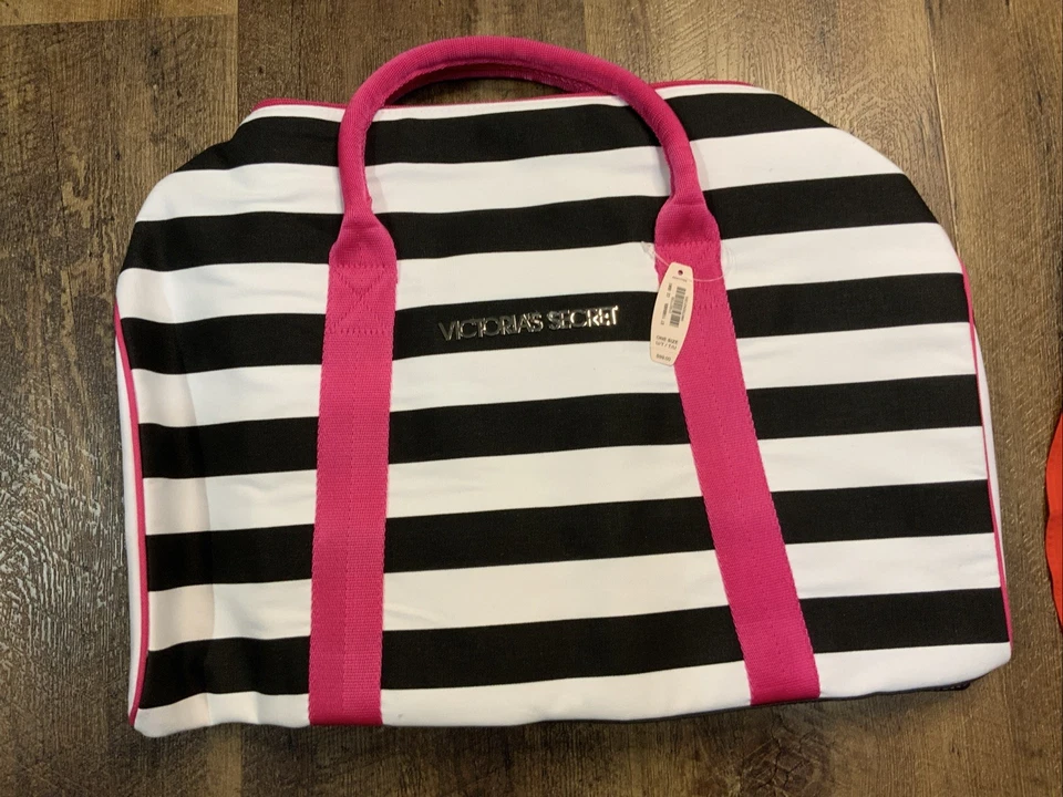Bolso de Lona Victoria's Secret Bolso de Semana Rosa Blanco Negro Rayas Nuevo con Etiquetas  Foto 1 de 4