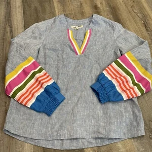 Boden Linen Blend Shirt Light Blue 4 Rainbow Long Sleeve Artsy Beachy - Picture 1 of 17