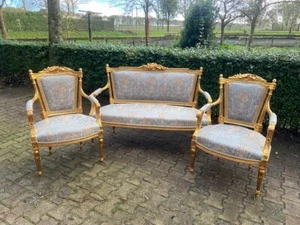 Sofa Set French Louis XVI 3pc Gilded Suite Blue Damask 1940s Antique Style - Picture 1 of 21