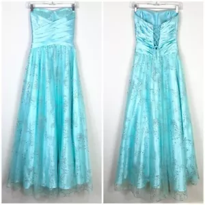 MXI Aqua Blue Glitter Sparkle Corset Back Strapless Ballgown Formal Dress Size 4 - Picture 1 of 8