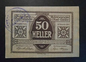 AUSTRIA  1920 Deutusch Osterreich Banconota da 50 Heller  Città di ADLWANG - Picture 1 of 2