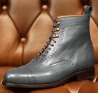 Christmas Hand Stitch Leather Cap Toe Ankle High Boot, Men's Grey Lace Up Boot