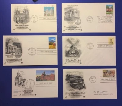 (6) FDC STATES UTAH Mormon Temple VERMONT VIRGINIA 1980-1991 Stamps Artcraft - Image 1 of 4