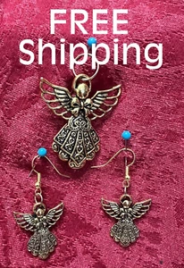 Engel Charm/Halskette Anhänger & Ohrringe Metall Schmuck 1,7 x 1,5" & (2) 1" x 1" - Bild 1 von 6