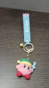 Sword Kirby Adventures PVC 3D Retro Keychain W/ Golden Bell & Strap - Picture 1 of 2