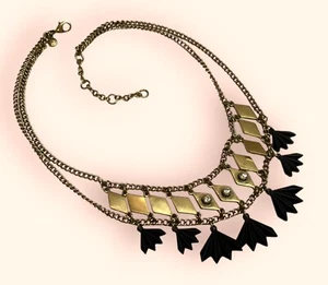 J. Crew Deco Flapper Style Gold Tone Chain Rhinestones Black Flower Necklace - Picture 1 of 7