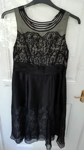 Monsoon Größe 14 schwarz nude Anlass Kleid Seidenborten Schleife hinten Devore gefüttert S/Reißverschluss - Bild 1 von 9