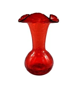 Vintage Pilgrim Hand Blown Glass Ruby Red Crackle Ruffled Top Vase WV - Picture 1 of 9