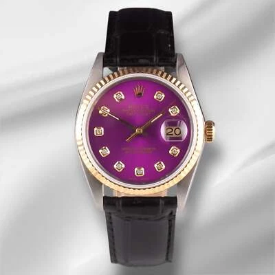 Reloj Rolex Datejust 36 mm oro amarillo esfera de diamantes púrpura correa de cuero 16013 Foto 1 de 4