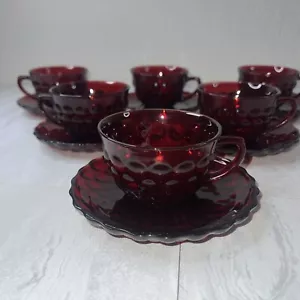 10 Piece Ruby Red Bubble Glass Cups And Saucers Flaws Water stains - Picture 1 of 16