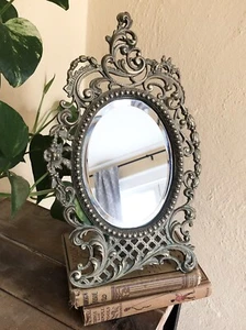 Victorian Style Iron Tabletop Bevel Mirror W Scroll, Stand, Gold Green Patina - Picture 1 of 15