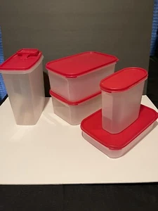 Lot of 5 Tupperware Modular Mates Round Square Oval Containers with Red Lids CA - Picture 1 of 10