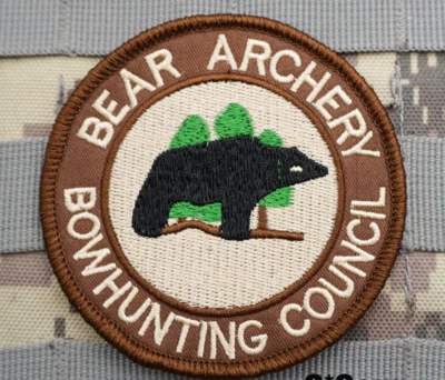 VINTAGE STYLE FRED BEAR ARCHERY "BOWHUNTING COUNCIL" EMBROIDERED SEW-ON PATCH.. - Image 1 of 3