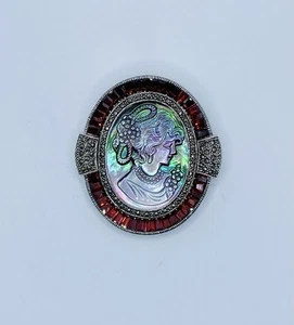 Exquisite Sterling Silber Kamee Brosche Markasiten, Baguette Granat Bordüre B4. - Bild 1 von 8