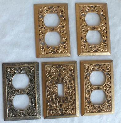 5 brass gold light electric toggle switch & outlet wall plate covers vtg pierced - Image 1 of 4