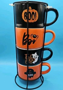 Set tazze impilabili Halloween. 4 Tazze con supporto nero nero e arancione. - Foto 1 di 5