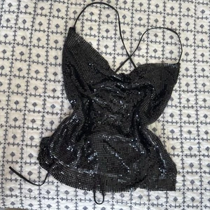 Cache Y2K Black Bejeweled Open Tie Back Top Beaded Size S/M RARE - Imagen 1 de 9