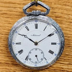 Vintage ADMIRAL Taschenuhr Openface Swiss silberfarben graviertes Gehäuse antik - Bild 1 von 12