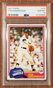 1981 Topps #114 Tom Underwood New York Yankees Baseball Card PSA 10 Gem Mint - Picture 1 of 2