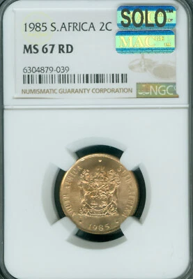 1985 SOUTH AFRICA 2 CENTS NGC MS67 RD MAC SOLO FINEST GRADE & MAC SPOTLESS * - Image 1 of 2