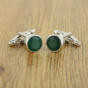 Gemelli da uomo rotondi verde naturale onice di tendenza argento sterling 925 - Foto 1 di 3