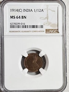 India 1/12 Anna 1914C NGC MS 64 BN - Picture 1 of 2