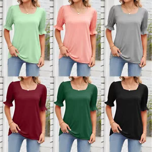 Ladies Holiday Long Tops Blouse Womens Casual Loose Square Collar Tee Plus Siz · - Picture 1 of 20