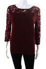 Joseph A Womens Velvet Laced 3/4 Sleeve Rib Knit Blouse Top Maroon Red Size S