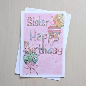 Schwester Geburtstag Karte Luftballons Damen Dame Frauen Sie - 7,5"x5,25" - Bild 1 von 3
