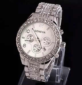SILVER Geneva Chronograph Band Style Lady's Women's Crystals Bling Wrist Watch - Picture 1 of 2
