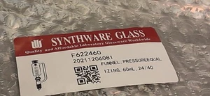 Synthware 60ml Pressureequa Glass Funnel  #24/40 NEW F622460 - Picture 1 of 5