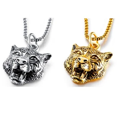 Herren Halskette Edelstahl König Tiger Kopf Anhänger Kette Schmuck Silber / Gold - Bild 1 von 3