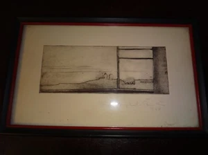 Signierte Bleistift Illustration "Blick durch ein Fenster" Iran 1968 Landschaft 11x7" - Bild 1 von 7